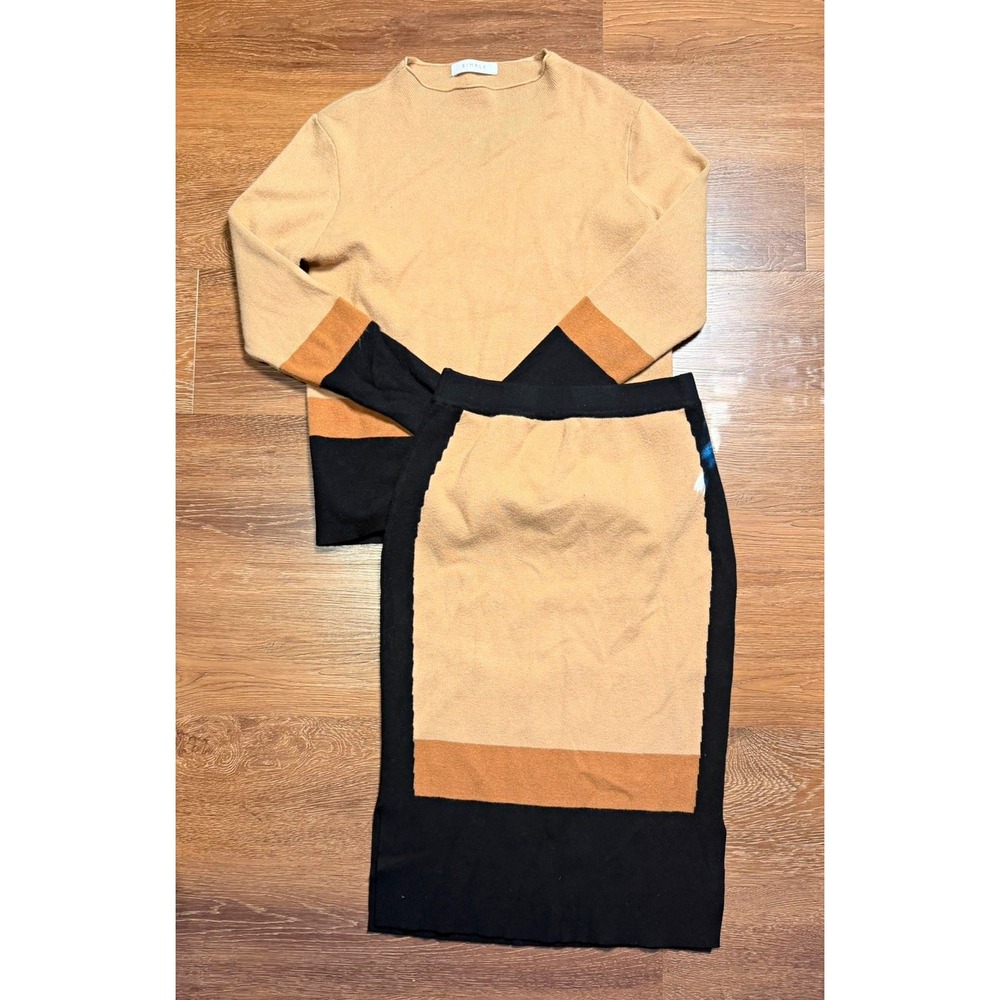 SIMPLE Women's 2-Piece Colorblock Knit Set Crew Neck Sweater Skirt Beige